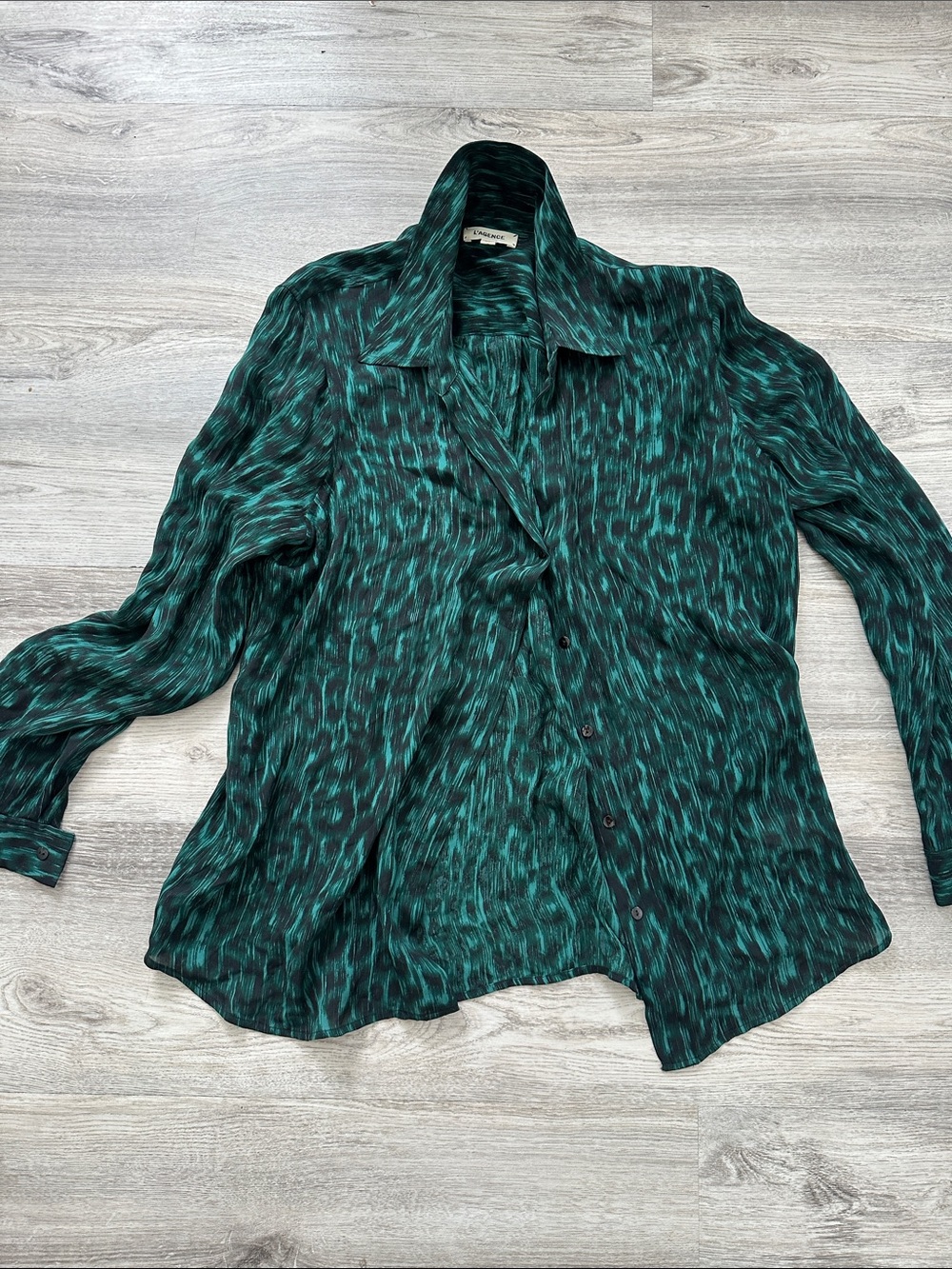 L'AGENCE Teal and Black Abstract Print Button-Down Shirt